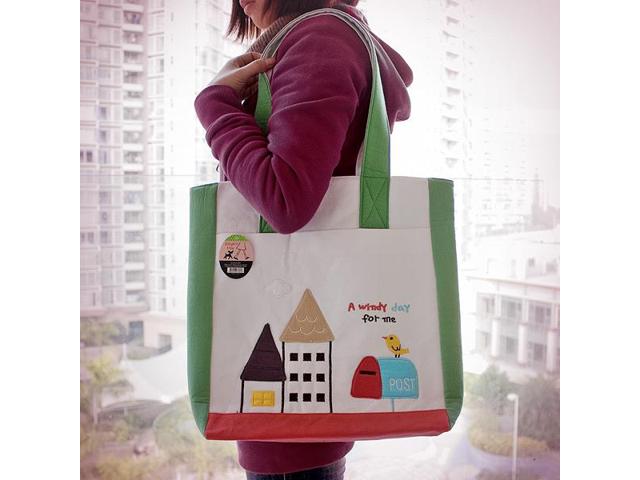 Picture of  BE-30-GREEN 14 x 14.5 x 4 in. A Windy Day - Embroidered Applique Fabric Art Shoulder Tote Bag &amp; Shopper Bag