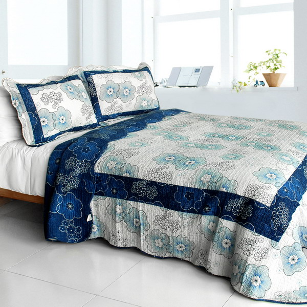 Picture of  DOY17-23 Shibumi - Cotton 3 Pieces Vermicelli-Quilted Floral Patchwork Quilt Set  Full &amp; Queen Size - Blue