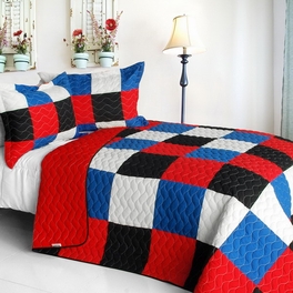 Delicate Plaid - B  Vermicelli-Quilted Patchwork Plaid Quilt Set  Full & Queen - Red