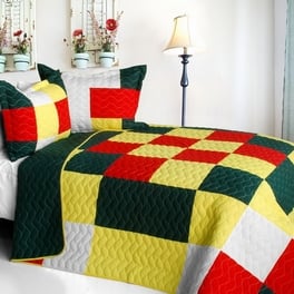 Ixora Chinensis - Vermicelli-Quilted Patchwork Plaid Quilt Set  Full & Queen - Yellow