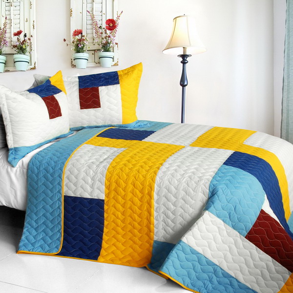 Timeless - B  Vermicelli-Quilted Patchwork Geometric Quilt Set  Full & Queen Size - White