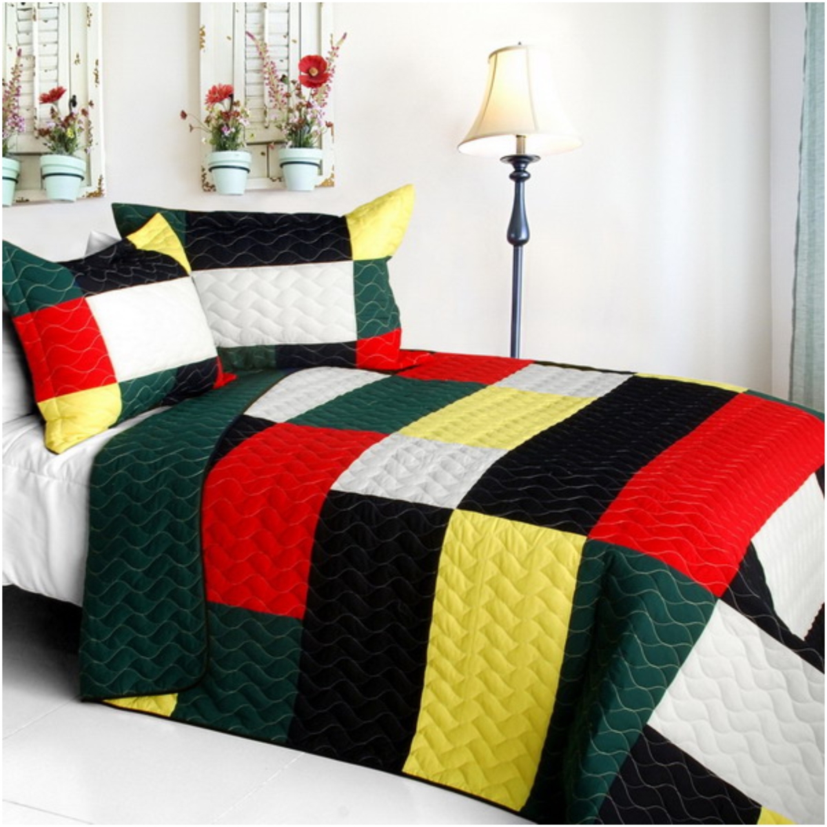 Italianism - Vermicelli-Quilted Patchwork Striped Quilt Set  Full & Queen Size - Multicolor