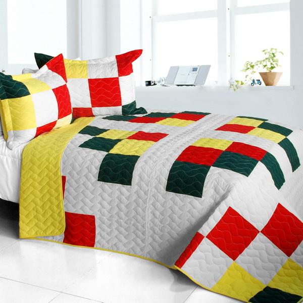Toy Paradise - 3 Pieces Vermicelli-Quilted Patchwork Quilt Set  Full & Queen Size - White