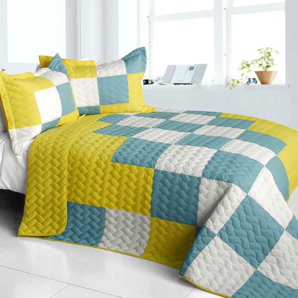 Cute Little Princess - 3 Pieces Vermicelli-Quilted Patchwork Quilt Set  Full & Queen Size - Blue