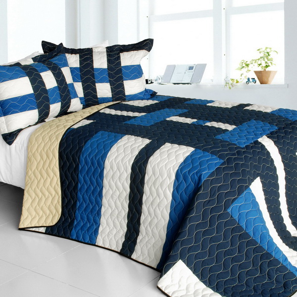 Waves Axero - Vermicelli-Quilted Patchwork Geometric Quilt Set  Full & Queen  Blue