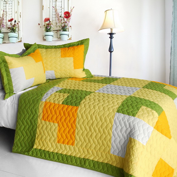 Picture of  ONITIVA-QTS01201-23 Zing - Vermicelli-Quilted Patchwork Geometric Quilt Set  Full &amp; Queen Size - Yellow