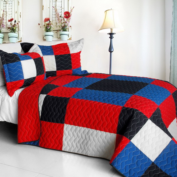 Picture of  ONITIVA-QTS01213-23 Eternal Passion - Vermicelli-Quilted Patchwork Geometric Quilt Set  Full &amp; Queen Size - Red