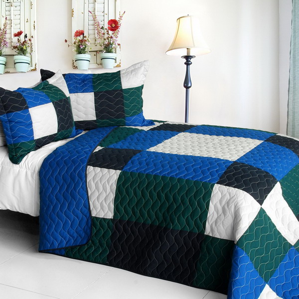 Picture of  ONITIVA-QTS01214-23 Moment - Vermicelli-Quilted Patchwork Geometric Quilt Set  Full &amp; Queen Size - Blue