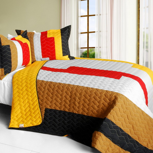 Picture of  ONITIVA-QTS01226-23 Classic Playbook - B  Vermicelli-Quilted Patchwork Striped Quilt Set  Full &amp; Queen Size - Yellow