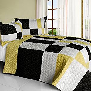 Night Lights - 3 Pieces Vermicelli-Quilted Patchwork Quilt Set  Full & Queen Size - Black