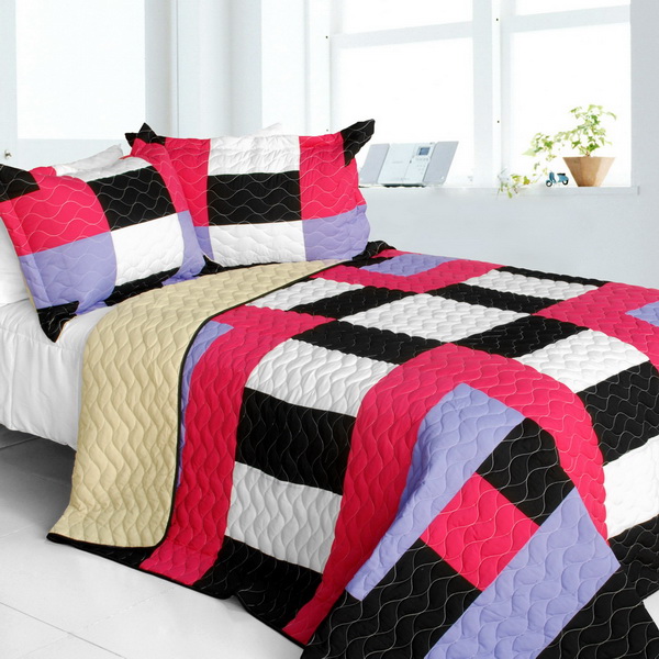 Kamelia - Vermicelli-Quilted Patchwork Geometric Quilt Set  Full & Queen Size - White