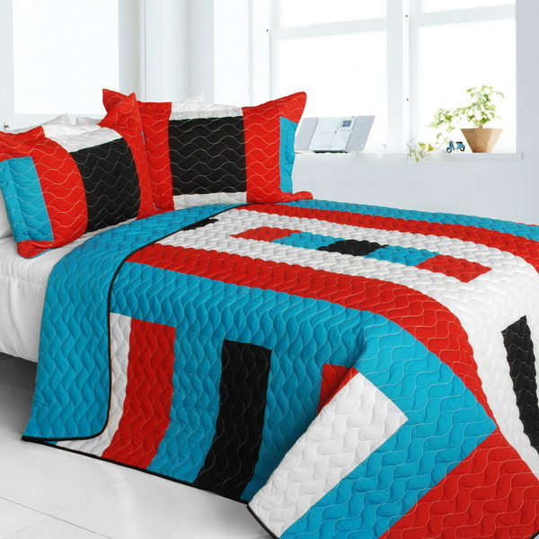 Vital Vibrations - Vermicelli-Quilted Patchwork Geometric Quilt Set  Full & Queen  Red
