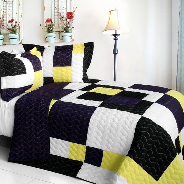 King - Vermicelli-Quilted Patchwork Quilt Set  Full & Queen  Black