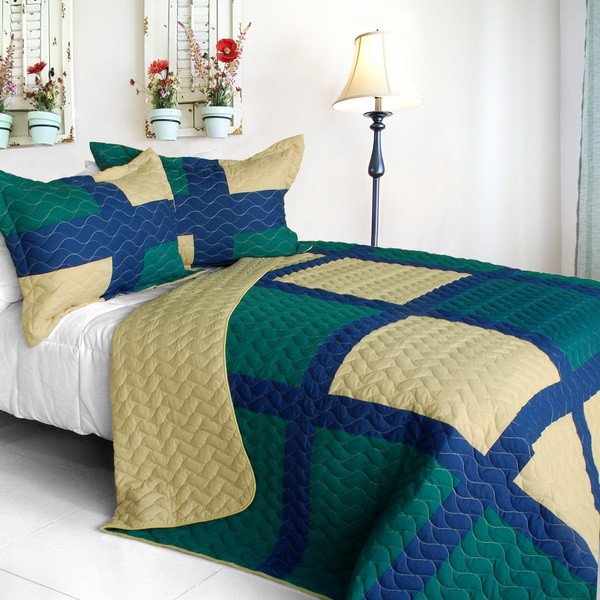 Picture of  ONITIVA-QTS01195-23 Traveling Light - 3 Pieces Vermicelli-Quilted Patchwork Quilt Set  Full &amp; Queen Size - Green