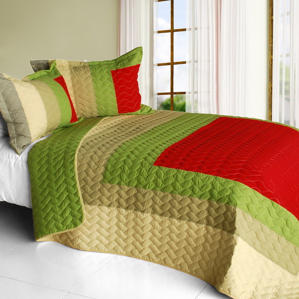 My Garden - Vermicelli-Quilted Patchwork Geometric Quilt Set  Full & Queen Size - Green