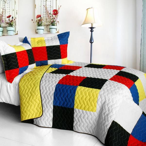 Smashing Patchword - A - Vermicelli-Quilted Patchwork Quilt Set  Full & Queen Size - White