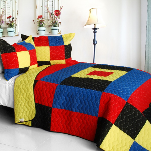Lively Star - 3 Pieces Vermicelli-Quilted Patchwork Quilt Set  Full & Queen Size - Blue