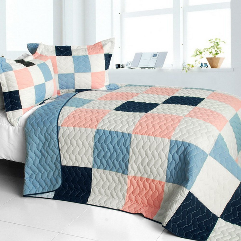 Princess Diaries - 3 Pieces Vermicelli-Quilted Patchwork Quilt Set  Full & Queen Size - Pink