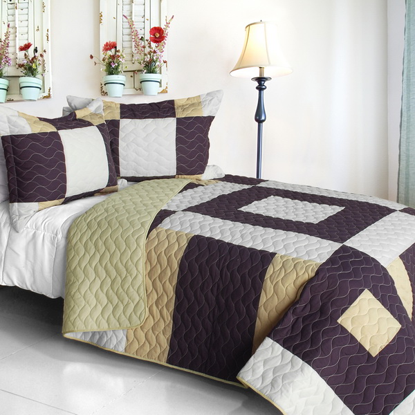 Vintage Fashion - 3 Pieces Vermicelli-Quilted Patchwork Quilt Set  Full & Queen Size - Purple