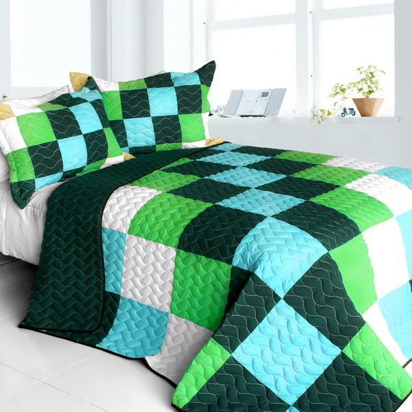 Elissa Love - Vermicelli-Quilted Patchwork Geometric Quilt Set  Full & Queen Size - Green