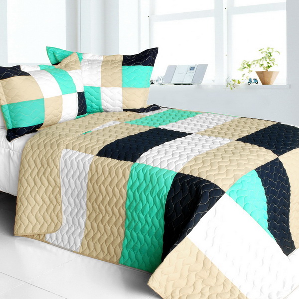 So Dance - Vermicelli-Quilted Patchwork Geometric Quilt Set  Full & Queen  White