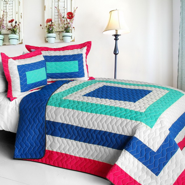 Picture of  ONITIVA-QTS01199-23 Seas Passion - Vermicelli-Quilted Patchwork Geometric Quilt Set  Full &amp; Queen Size - Blue
