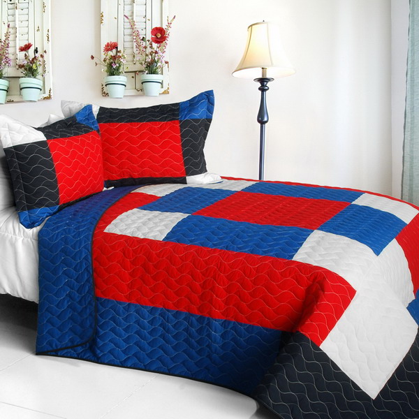 Picture of  ONITIVA-QTS01223-23 Crazy Boxes - A - Vermicelli-Quilted Patchwork Geometric Quilt Set  Full &amp; Queen Size - Red