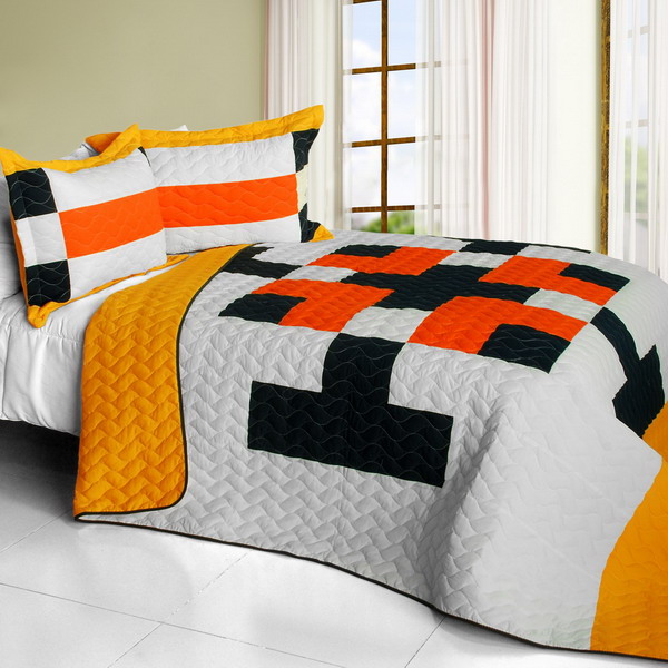 Tetris - D - Vermicelli-Quilted Patchwork Geometric Quilt Set  Full & Queen Size - Yellow