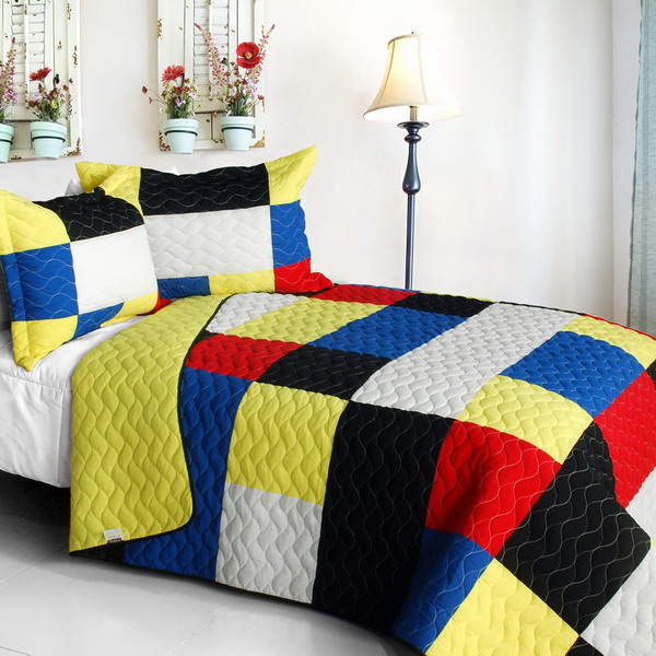 Fantastic Beauty - Vermicelli-Quilted Patchwork Plaid Quilt Set  Full & Queen Size - Multicolor