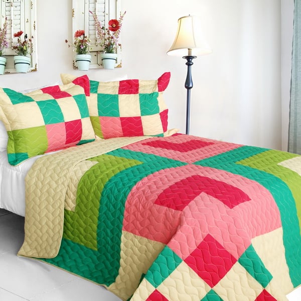 Moments - 3 Pieces Vermicelli - Quilted Patchwork Quilt Set  Full & Queen Size - Pink
