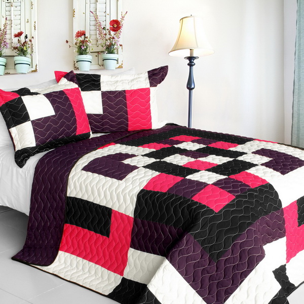 Enough - 3 Pieces Vermicelli - Quilted Patchwork Quilt Set  Full & Queen Size - Purple