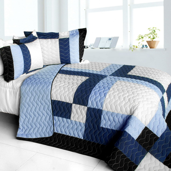 Watermark - 3 Pieces Vermicelli - Quilted Patchwork Quilt Set  Full & Queen Size - Blue