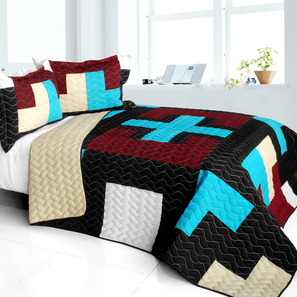 ONITIVA-QTS01438-23 Mysterious Nocturne - 3 Pieces Vermicelli - Quilted Patchwork Quilt Set  Full & Queen Size - Multicolor