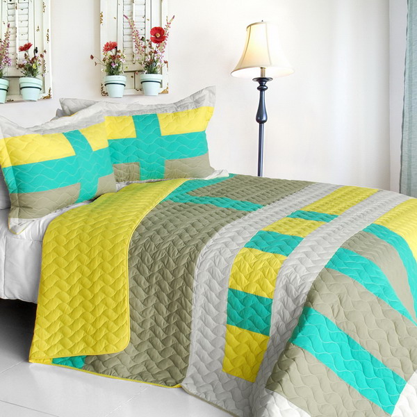 Lollipops - B - Vermicelli-Quilted Patchwork Geometric Quilt Set  Full & Queen Size - Yellow