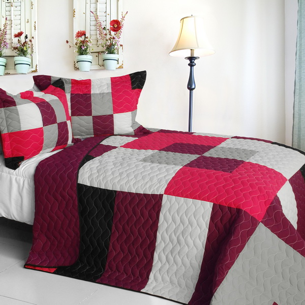 Girls daydream - 3 Pieces Vermicelli-Quilted Patchwork Quilt Set  Full & Queen Size - Pink