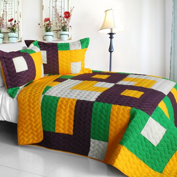 Checkers - 3 Pieces Vermicelli-Quilted Patchwork Quilt Set  Full & Queen Size - Yellow