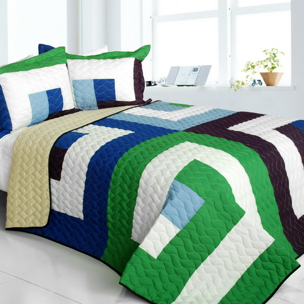 Dizzy Sun - Vermicelli-Quilted Patchwork Geometric Quilt Set  Full & Queen Size - Green