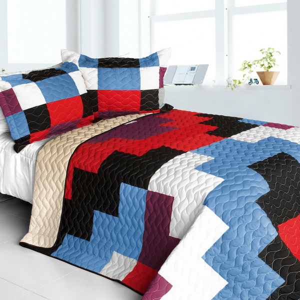 Shinning - 3 Pieces Vermicelli - Quilted Patchwork Quilt Set  Full & Queen Size - Red