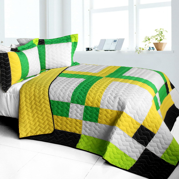 Fresh Field - 3 Pieces Vermicelli - Quilted Patchwork Quilt Set  Full & Queen Size - Green