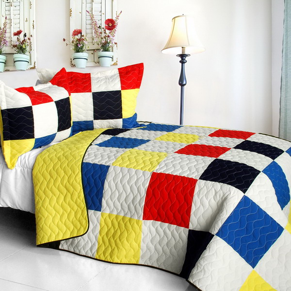 Hodgepodge - Vermicelli-Quilted Patchwork Plaid Quilt Set  Full & Queen Size - Multicolor