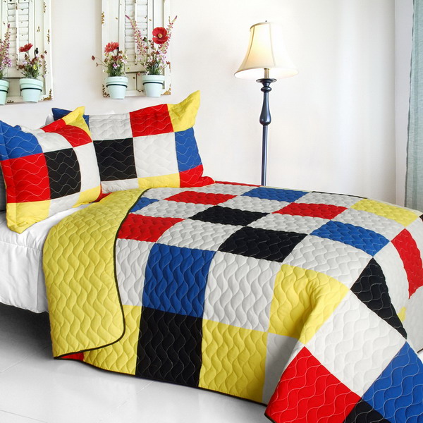 Delicate Plaid - C - Vermicelli-Quilted Patchwork Plaid Quilt Set  Full & Queen Size - Multicolor