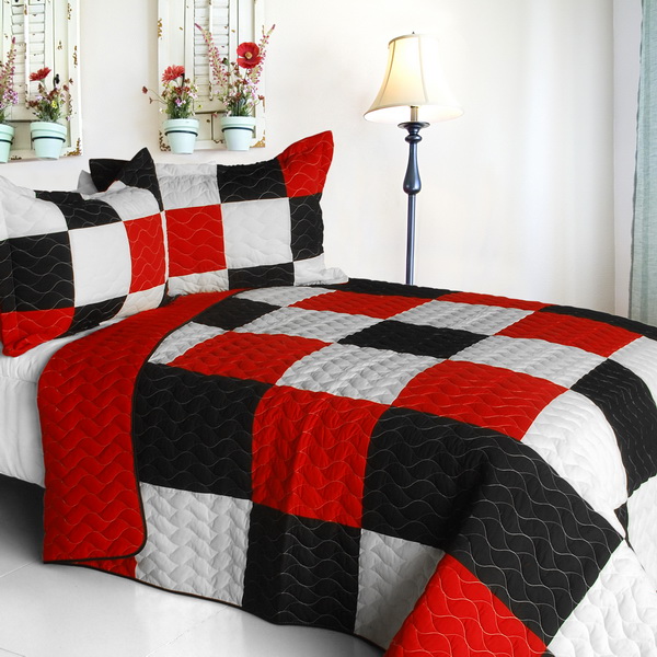 Poker King - 3 Pieces Vermicelli-Quilted Patchwork Quilt Set  Full & Queen Size - Black