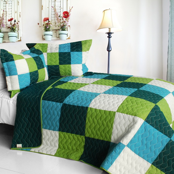 Summer Creek - 3 Pieces Vermicelli-Quilted Patchwork Quilt Set  Full & Queen Size - Green