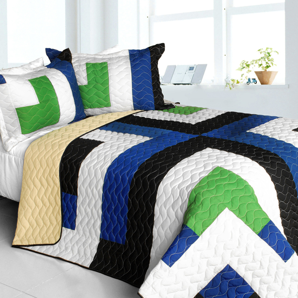Glass Island - 3 Pieces Vermicelli-Quilted Patchwork Quilt Set  Full & Queen Size - Multicolor