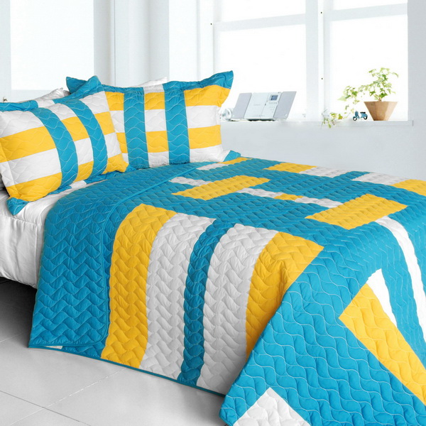 Tower Vienna - Vermicelli-Quilted Patchwork Geometric Quilt Set  Full & Queen Size - Blue