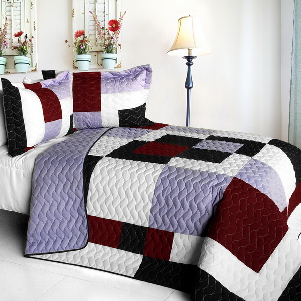 Grape Princess - Vermicelli-Quilted Patchwork Quilt Set  Full & Queen Size - Purple