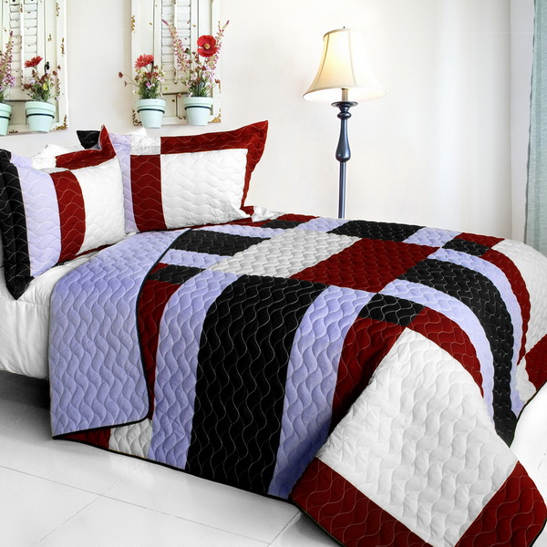 Elegant Voice - Vermicelli-Quilted Patchwork Quilt Set  Full & Queen Size - Red