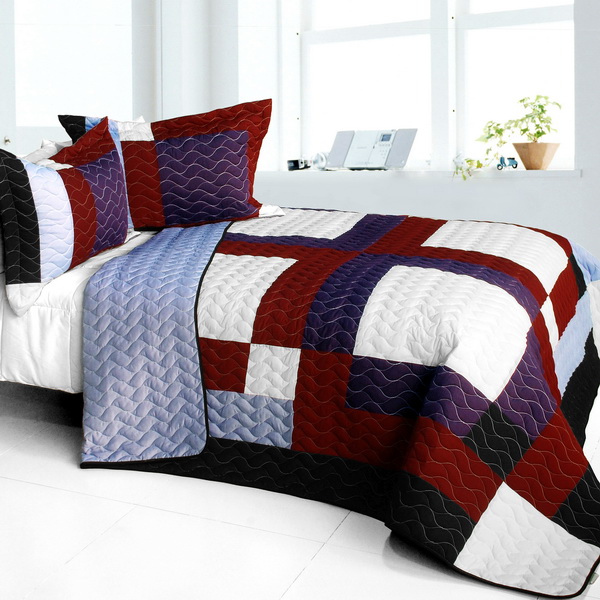 Pretty Raisin - 3 Pieces Vermicelli - Quilted Patchwork Quilt Set  Full & Queen Size - Multicolor