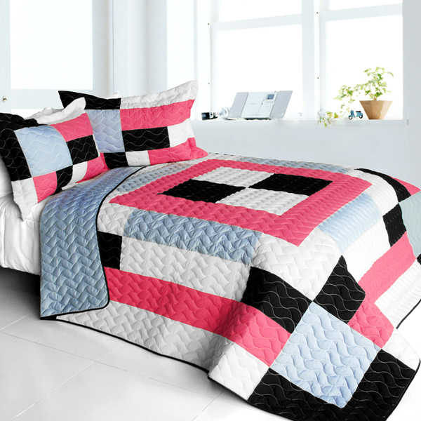 Campus Belle - 3 Pieces Vermicelli - Quilted Patchwork Quilt Set  Full & Queen Size - Pink