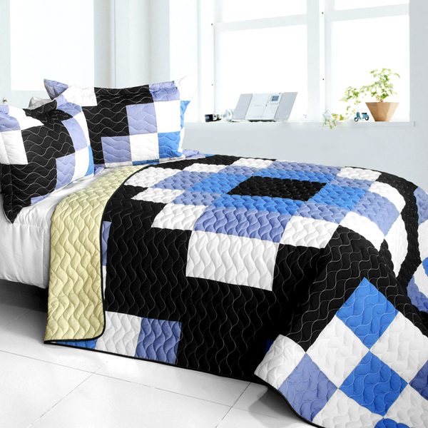 Same Memory - 3 Pieces Vermicelli - Quilted Patchwork Quilt Set  Full & Queen Size - Purple